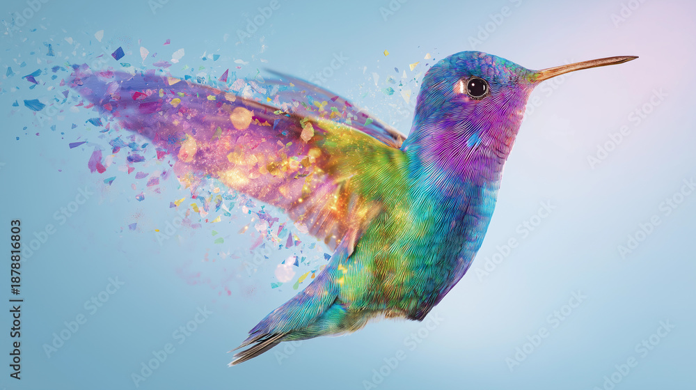 Naklejka premium Hummingbirds wings disintegrating into sparkling shards, symbolizing transformation and beauty. Perfect for illustrations, designs, and concepts of change and flight.