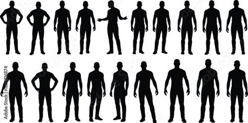 Male body silhouettes set, standing man poses collection, human anatomy proportions, muscular figure shapes, black vector illustration