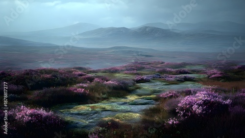 Beautiful, vast and populated landscape with heather, sense of loneliness
