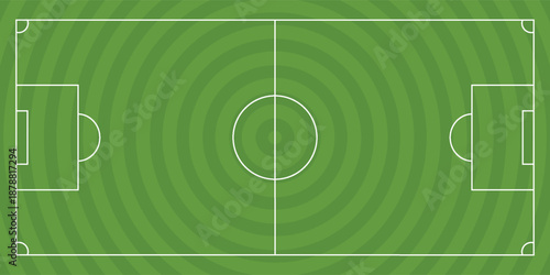 Top-down aerial view of a green soccer field with white markings, including the center circle, penalty areas, and goals.