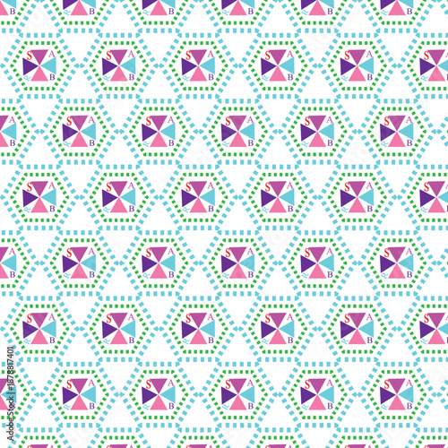 geometric hexagon pattern with internal lettering featuring mis of colors teal,magenta,purple and green.Perfect for home decor,textiles print,fabric for clothing,bedding,wallpaper,wrapping paper,craft
