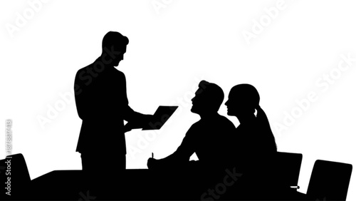 Silhouette of a business meeting where a presenter engages with two attentive attendees