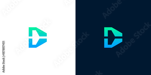 Modern abstract digital letter D logo design with gradient color on white and dark background