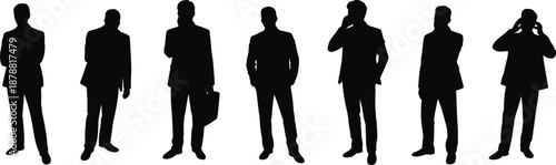 Business men silhouettes standing in different professional poses, corporate leadership and workforce concept, communication, management, teamwork, and success isolated on white background