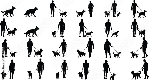 Man walking dog silhouettes collection, people with pets outdoor activity poses, daily lifestyle scenes, black vector illustration isolated white background