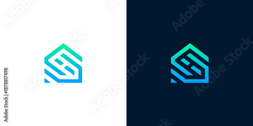 Modern geometric house logo with gradient colors on white and dark blue backgrounds