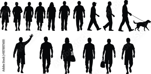 Men walking silhouettes collection, male people daily activities poses set, human figures with bag dog gestures, black silhouettes isolated