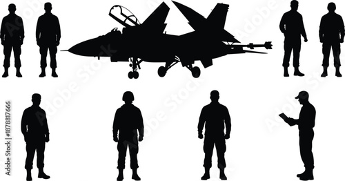 Military jet and pilot silhouettes with fighter aircraft, air force personnel standing poses, aviation defense concept, black white vector set