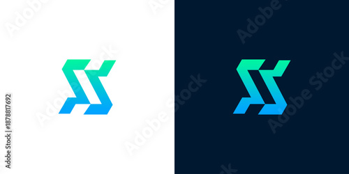 Modern abstract S letter logo design in vibrant blue and green gradient on white and dark backgrounds