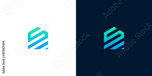 Modern abstract S logo design with gradient stripes on white and dark backgrounds, suitable for business and technology branding