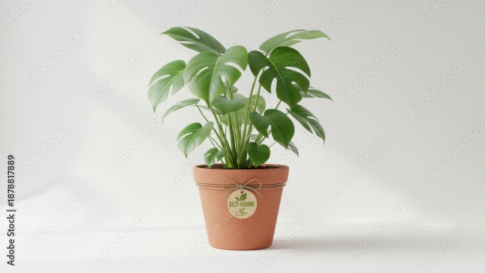 Fototapeta premium Green Monstera Plant in Terracotta Pot with Natural Decor for Home and Indoor Spaces