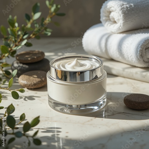 an elegant glass jar of skin cream with a sleek silver lid, positioned on a smooth marble surface