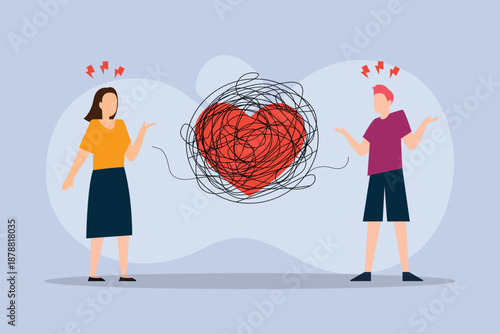 Relationship Conflict and Complicated Love Concept with Couple and Tangled Heart 2d flat vector illustration