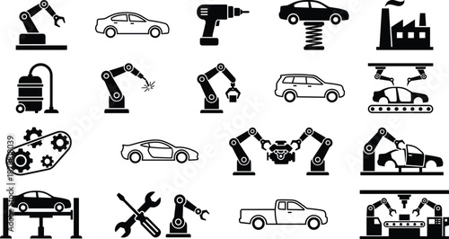 Automotive manufacturing and factory automation icon set showing robotic arms, car assembly, tools, production lines and industrial processes for vehicle manufacturing and engineering concepts