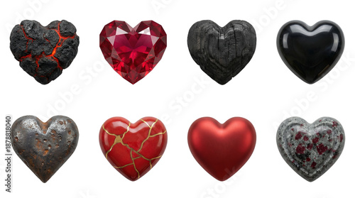 Heart shape collection including gemstone, volcanic lava, charcoal, obsidian, rusted metal, kintsugi, and matte steel variants isolated. Romantic concept and symbol set.