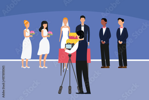 Wedding Photography and Marriage Ceremony with Bride Groom and Bridal Party 2d flat vector illustration