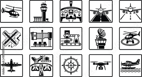 Aviation and airport icon set featuring airplanes, helicopter, drone, cockpit, runway, control tower and navigation symbols for air transport, travel, logistics and aerospace design
