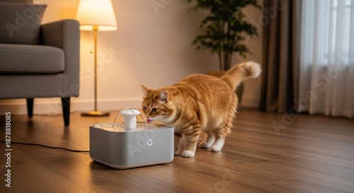 Domestic feline enjoys drinking fresh, circulating water from an electronic hydration station indoors