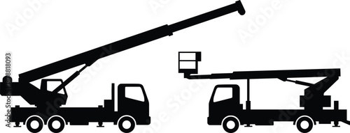 Aerial work platform truck silhouettes showing hydraulic boom lift vehicles for construction, maintenance, utility services, industrial access equipment operations in black vector style