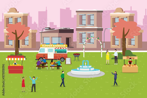 Summer City Food Festival in Public Park with Food Truck, Bakery Stall, and People Relaxing by Fountain 2d flat vector illustration