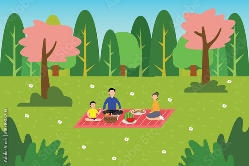 Happy Family Having Picnic in Public Park 2d flat vector illustration