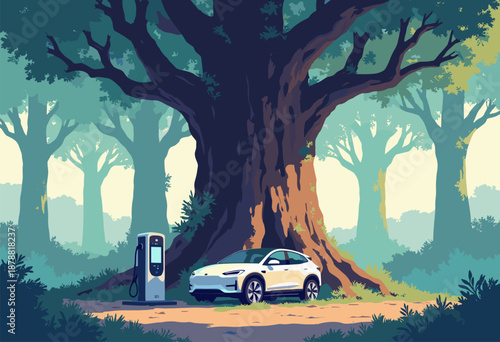 futuristic electric car charging station built into trunk massive ancient tree Nature meets Tech Flat