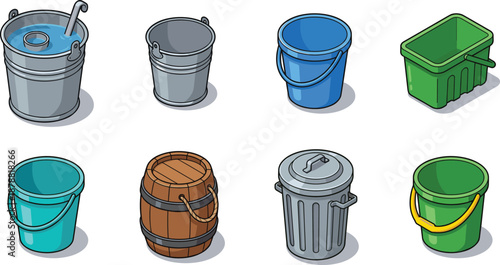 Colorful bucket and container icon set featuring metal, plastic and wooden tubs, bins and barrels for household cleaning, storage, water carrying and utility use