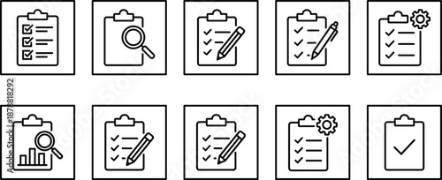 Checklist and clipboard line icons set showing task management, analysis, planning, reporting, approval workflow, quality control, documentation process, business organization outline symbols