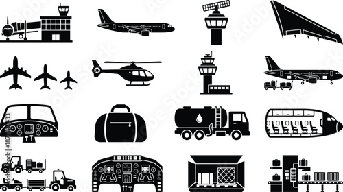 Comprehensive aviation and airport operations icon set featuring airplanes, helicopters, control towers, runways, cockpit panels and logistics symbols for air transport and travel design