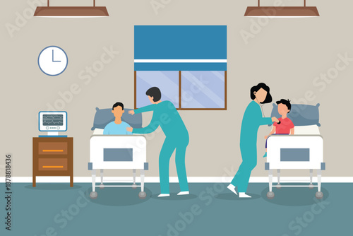 Doctors Caring for Patients in a Hospital Ward Room 2d flat vector illustration