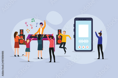 DJ Playing at a Party with People Dancing and a Large Smartphone Displaying a Music App 2d flat vector illustration