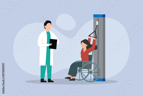 Doctor Supervising a Patient in a Wheelchair during a Physical Therapy Rehabilitation Session 2d flat vector illustration
