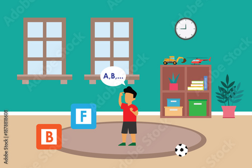 Child Learning Alphabet at Home in Playroom Illustration 2d flat vector illustration