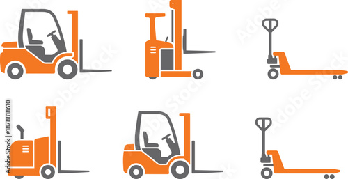 Forklift and pallet jack icon set in orange and gray styles, isolated on white background for warehouse logistics, material handling, industrial transport and supply chain design