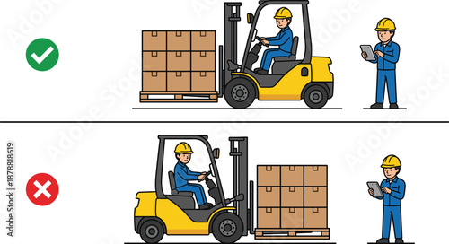 Forklift safety training illustration showing correct and incorrect pallet handling, warehouse inspection procedures, operator compliance, logistics workflow, and industrial material