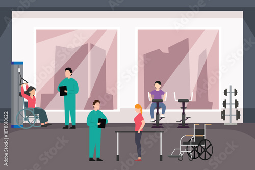 Physical Rehabilitation Therapy Center with Patients and Medical Staff 2d flat vector illustration