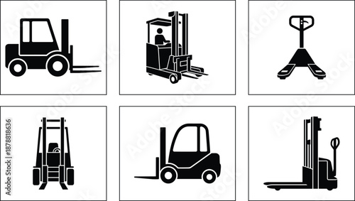 Forklift and pallet truck icon set showing warehouse equipment, material handling vehicles and industrial logistics operations for storage, loading, transport and supply chain management