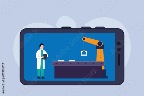 Remote Industrial Monitoring and Automation Control via Smartphone App 2d flat vector illustration