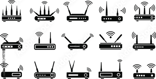 Icon set of wireless routers in black and white showing antenna variations, signal indicators, and body shapes for tech, network, and connectivity themes.