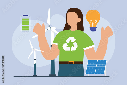 Woman promoting renewable energy with solar panels and wind turbines 2d flat vector illustration
