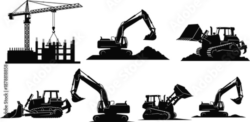 Silhouette illustration of construction machinery including tower crane, excavators, bulldozers, and loaders in action, ideal for industrial and infrastructure design themes.