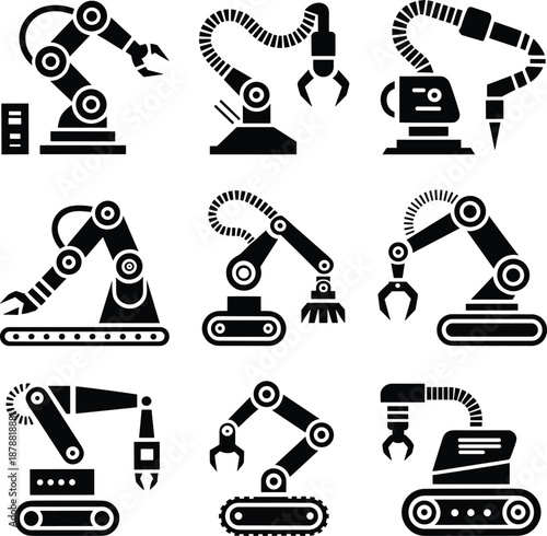 Industrial robotic arm icon set showing automation machinery, mechanical manipulators and factory robots for manufacturing, assembly line, engineering, smart industry technology concepts