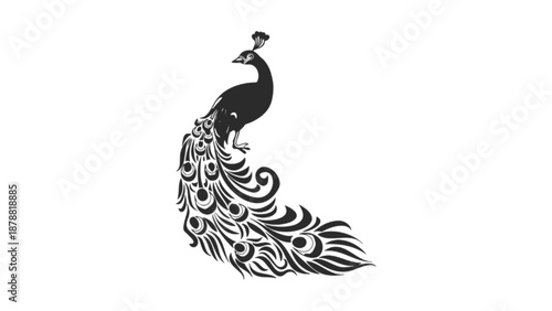 The beautiful silhouette of a peacock against a white background 