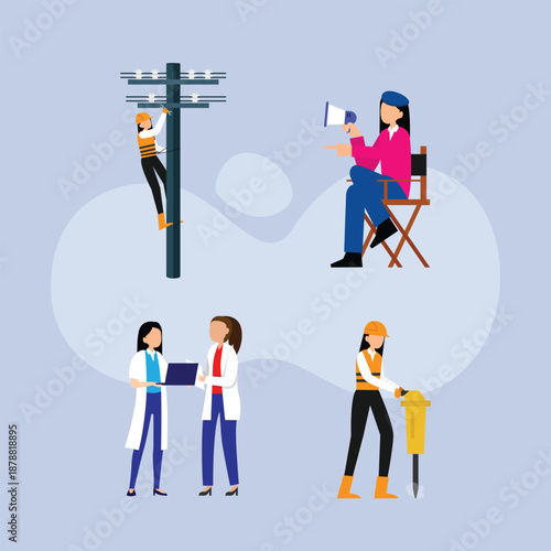 Diverse professional women in non-traditional career paths 2d flat vector illustration