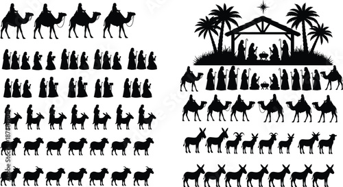 Nativity Christmas silhouettes set, three wise men camels shepherds sheep, biblical holy family scene, black vector illustration collection