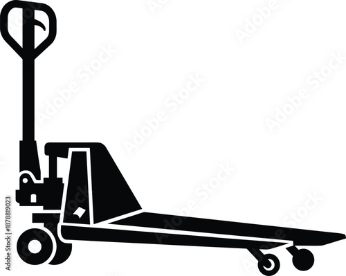 Manual pallet jack silhouette icon isolated on white background, warehouse material handling equipment for logistics, loading, storage, distribution and industrial supply chain operations