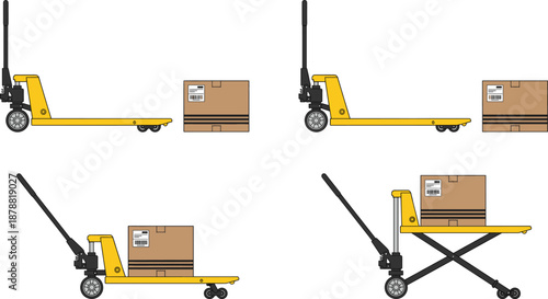 Manual pallet jack and hydraulic hand truck illustration showing warehouse material handling, box loading stages, logistics transport equipment, industrial lifting trolley isolated on white background