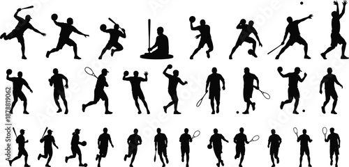 Multi sport athlete silhouettes set showing dynamic action poses, running, throwing, swinging movements for fitness training, competition concepts, isolated black figures design use