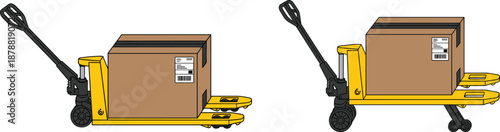 Manual pallet jack with cardboard boxes illustration showing warehouse material handling, logistics transport, loading operations, industrial hand pallet truck equipment isolated on white background