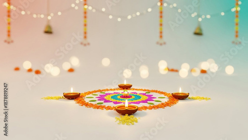 Traditional Diwali Rangoli Design with Burning Diyas

Festive Rangoli Decoration with Oil Lamps and Marigolds

Colorful Diwali Floor Art with Lit Diyas for Festival